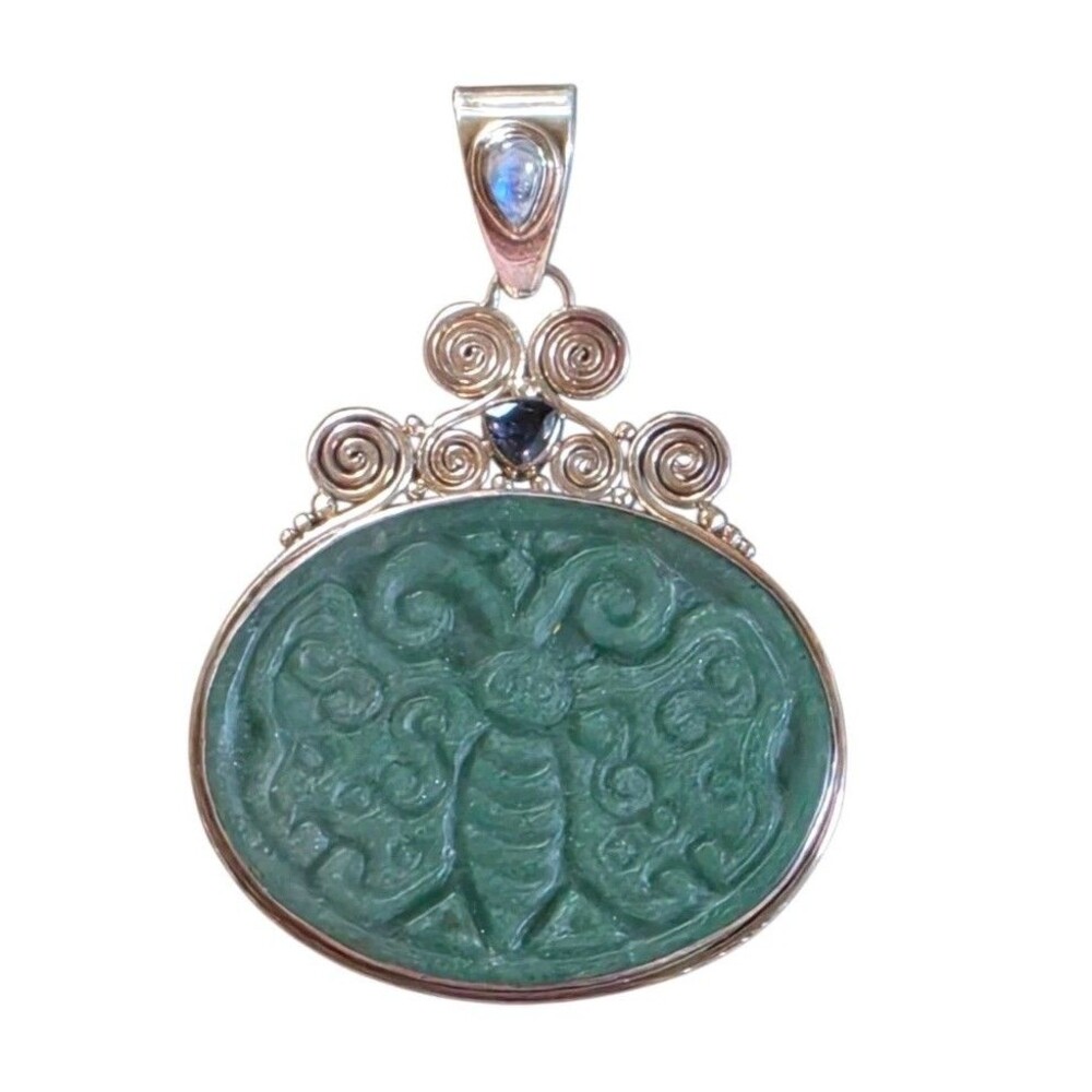 SAJEN 925 Sterling Silver Jade Carved Butterfly Pendant Moonstone Tanzanite 3.25